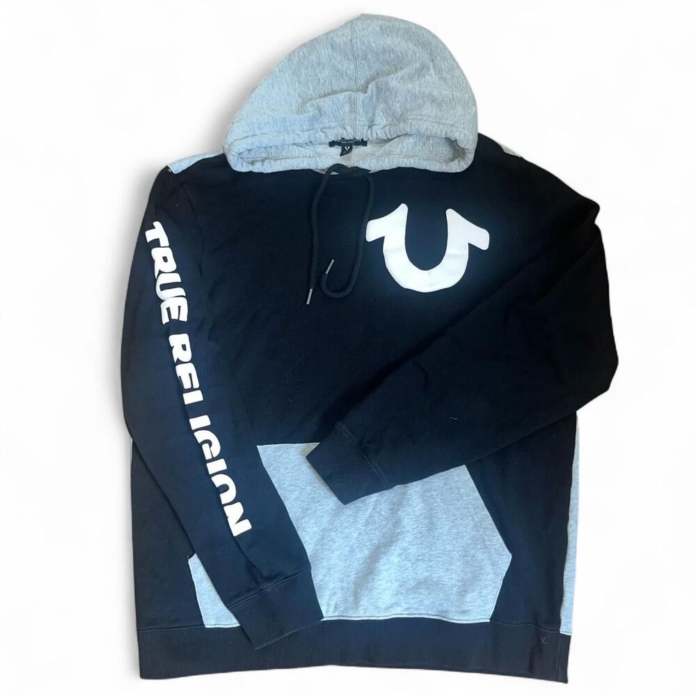 True Religion Men's Black and Grey Hoodie SZ L